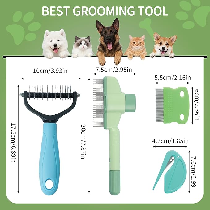 5-Piece Flea Comb Set - Dog Brush, Cat Brush, Flea Comb for Cats, Dog Brush for Shedding, W/Dematting Comb/Scissors, 2-in-1 Massage, Ergonomic Grip, Fit All Pet Breeds & Fur Types