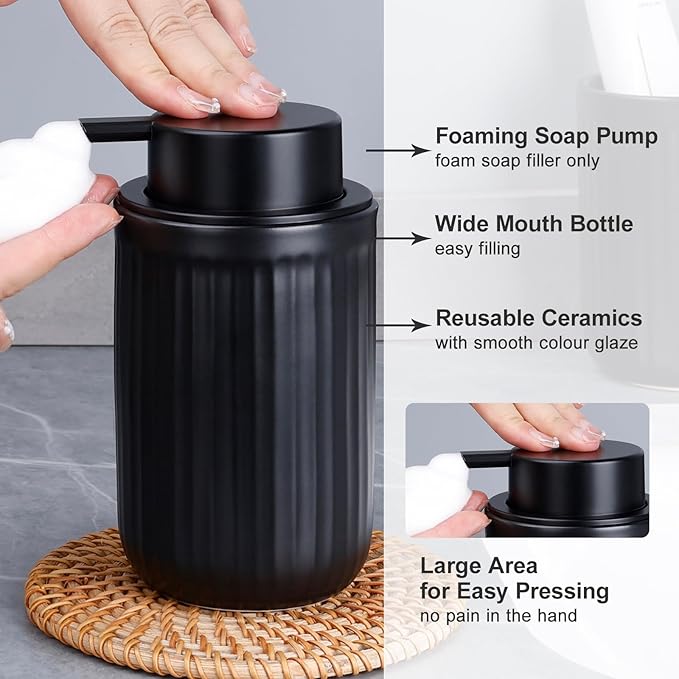 BosilunLife Foam Hand Soap Dispenser - Ceramic Black Foaming Soap Dispenser for Bathroom 12oz Refillable Liquid Lotion Soap Dispenser with Rust-Proof foaming Pump for Countertop