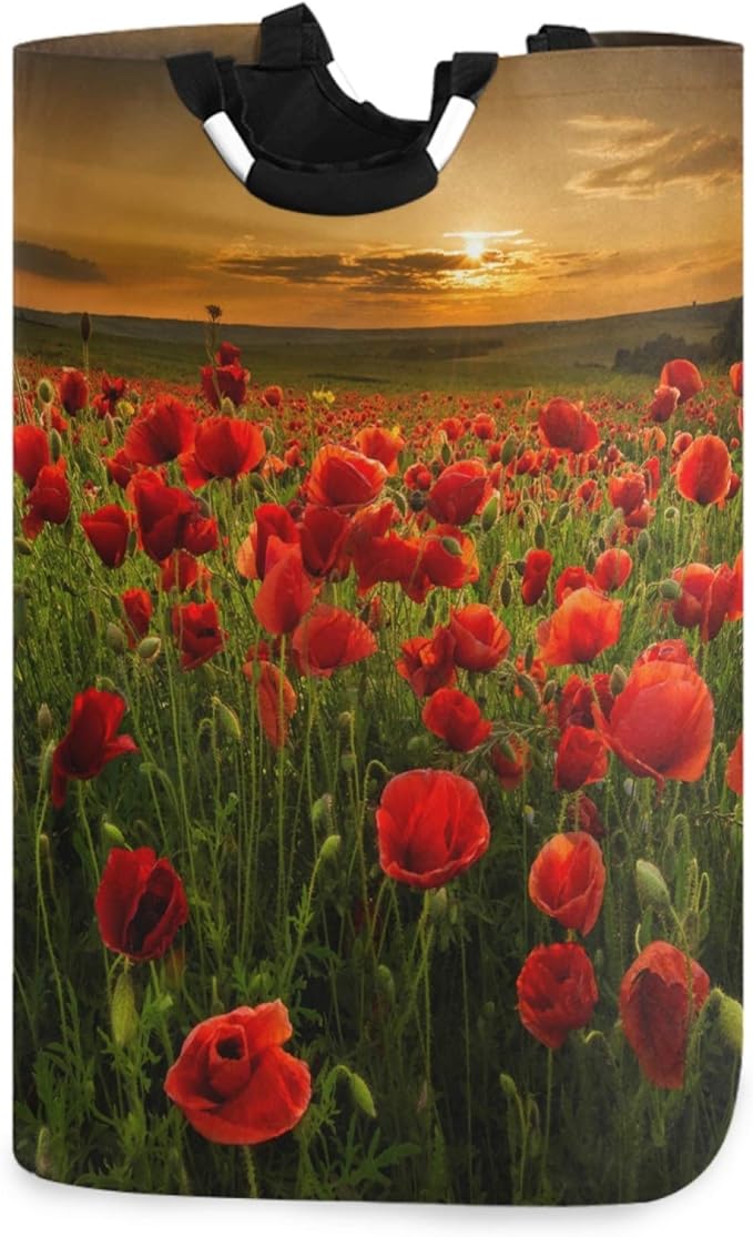 visesunny Collapsible Laundry Basket Poppy Flower And Sunset Large Laundry Hamper with Handle Toys and Clothing Organization for Bathroom, Bedroom, Home, Dorm, Travel