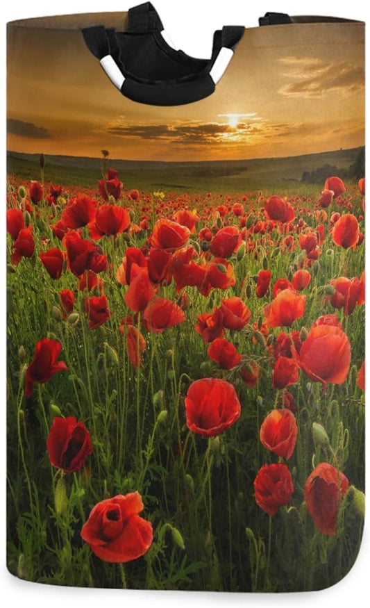 visesunny Collapsible Laundry Basket Poppy Flower And Sunset Large Laundry Hamper with Handle Toys and Clothing Organization for Bathroom, Bedroom, Home, Dorm, Travel