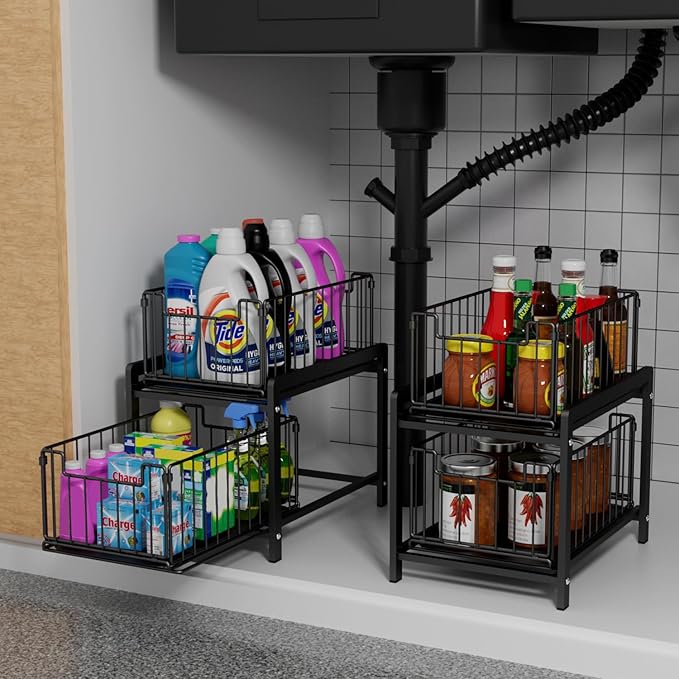 2 Tier Sliding Basket Drawer Organizer, Lxmons Pull Out Under Sink Cabinets Organizers, Metal Home Shelf for Bathroom or Kitchen, Sliding Countertop or Pantry Storage Shelf, Large Black