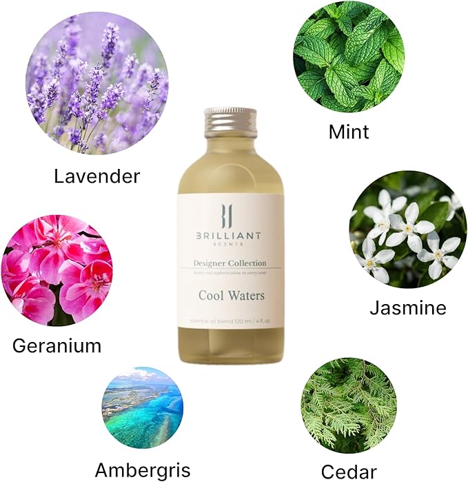 Brilliant Scents Cool Waters Fragrance Oil 200ml - Premium Diffuser Oil for Home, Office, Hotels - Long Lasting, Plant-Based, Meets IFRA Standards, USA-Made - Mint, Lavender, Tobacco