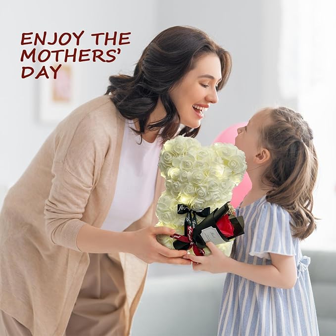 Romantic Valentines Day Gift for Her Rose Artificial Flower Rose Teddy Bear for Wife, Girlfriend Mother Daugther Women. Blind Box for Christmas Birthday Wedding Anniversary (White)