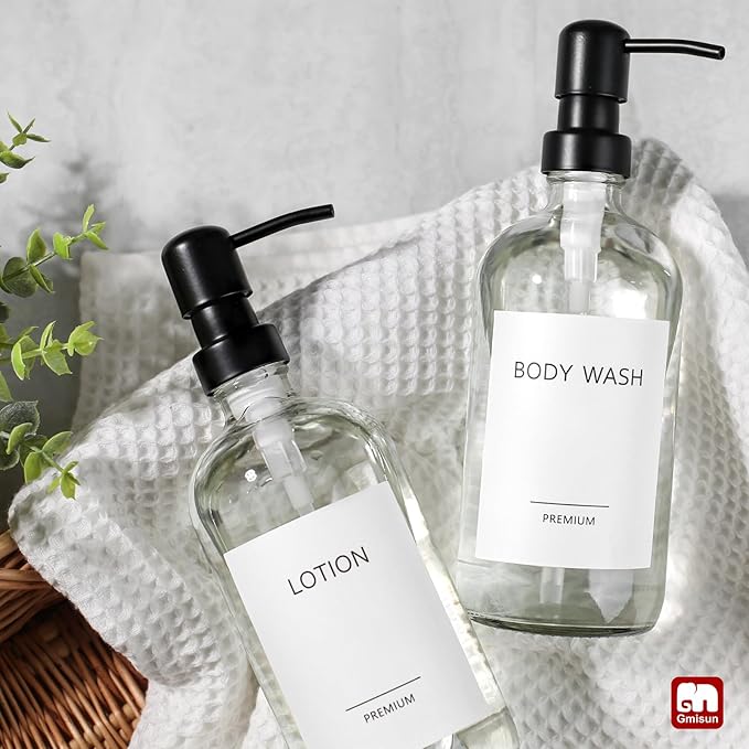 GMISUN Glass Soap Dispenser with Pump, 2 Pack Clear Bathroom Hand Soap Dispenser with Stainless Steel Pump, 16 Oz Refillable Kitchen Hand and Dish Soap Dispensers Set, Modern Liquid Pump Bottles