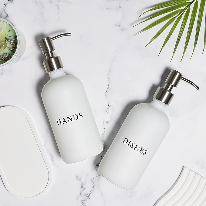 White Glass Hand and Dish Soap Dispenser Set - Modern Farmhouse Sink Accessories - 16 oz Kitchen Sink Set With Tray, Stainless Pumps & Funnel