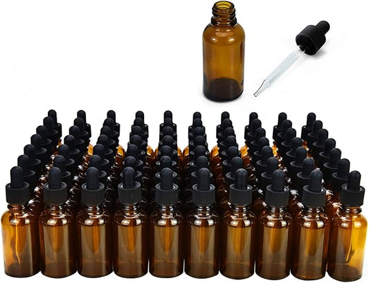 June Fox 99 Pack 1oz Amber Glass Dropper Bottles with Glass Droppers and Black Cap for Essential Oils, Lab Chemicals, Perfumes
