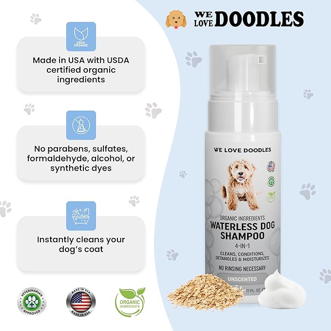 Waterless Dog Shampoo - Over 200+ Sprays Per Bottle - Cleans & Moisturizes Coat, No Rinse Dog Shampoo, Safe Foam Formula & Pet-Friendly Dog Deodorizing Spray, 7.1 oz (Unscented) [We Love Doodles]