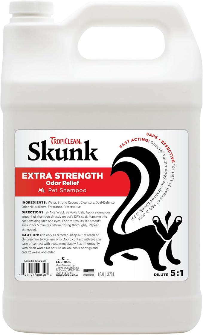 TropiClean Deodorizing Skunk Shampoo for Dogs - Extra Strength Skunk Odor Remover - 24 Hour Fast Relief - Gallon