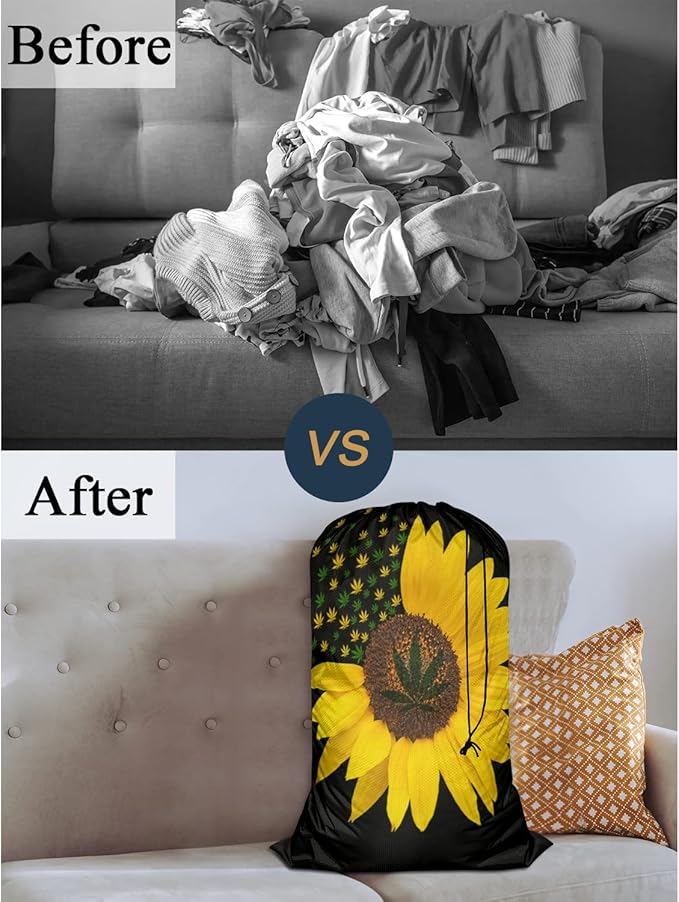 Swono Sunflower With Leaves Drawstring Portable Large Capacity Laundry Bags Summer Yellow Floral Blossom Travel Storage Bags for Apartments, Vacations, Home, 28x40 Inch