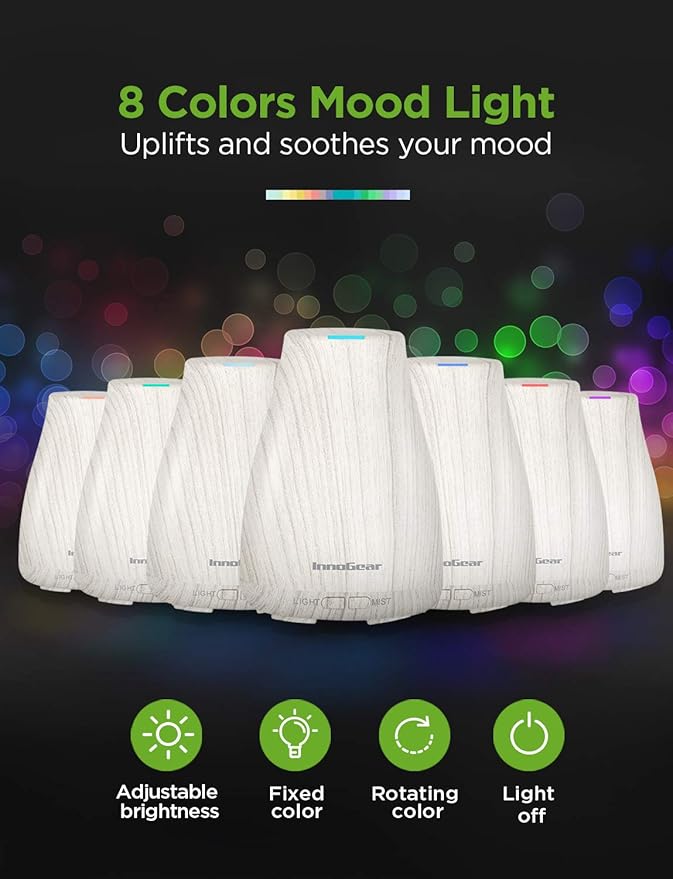 InnoGear Essential Oil Diffuser, Premium 5-in-1 Diffusers for Home Scent Aromatherapy Diffuser Air Desk Humidifier for Bedroom Large Room Office 7 Color LED 2 Mist Mode Waterless Auto Off, White Grey
