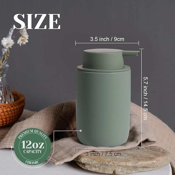 INGOFIN Ceramic Foaming Soap Dispenser Set, 2 Pack (12 oz) Bathroom Foam Hand Soap Dispenser with Pump, Hand and Dish Dispenser Set with 8 Pcs Clear Stickers,for Kitchen- Matte Green