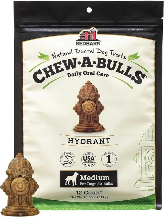 Redbarn Chew-A-Bulls, 12 Pack – Medium Hydrant Shape Dog Dental Treats – Daily Oral Care with Fun Ridges & Grooves, All Natural Ingredients, Highly Digestible Chews & Low in Fat