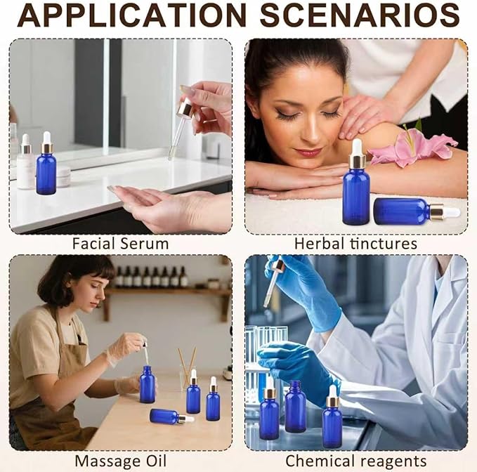 1 oz Dropper Bottles for Essential Oils，12Pack Blue Glass Bottles with Glass Eye Dropper Leak Proof Travel Dispenser Bottle for Essential Oils,tincture, Aromatherapy, Chemistry Lab Chemicals