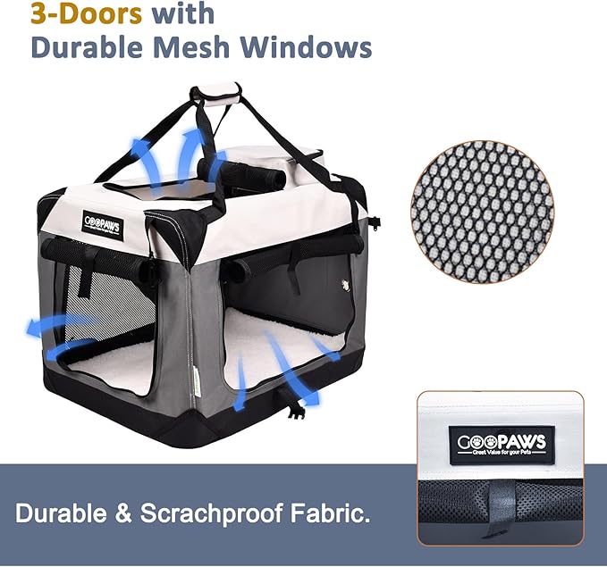 JESPET Soft Dog Crates Kennel for Pets, 3 Door Soft Sided Folding Travel Pet Carrier with Straps and Fleece Mat for Dogs, Cats(7-Light Grey, Large(30" L x 21" W x 23" H))