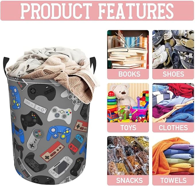 Video Game Grey Background Laundry Hamper Bag With Waterproof Liner - Gaming Theme Round Laundry Basket Foldable Clothes Storage Organizer For Bathroom Bedroom Nursery Dorm, S-16.5"X 13.8"