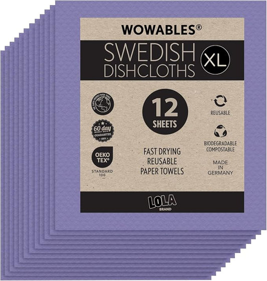LOLA Wowables XL Swedish Dishcloths, 12 Reusable Eco Cleaning Cloths, 11" x 10", Ultra Absorbent Cellulose Sponge Towel, Compostable, Made in Germany
