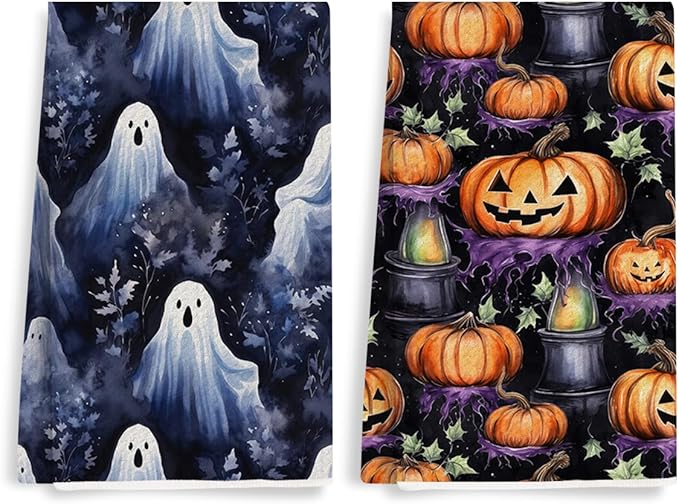 2 Pcs Halloween Spooky Ghost Kitchen Towels, Gothic Pumpkin Decorative Absorbent Microfiber Dish Cloth Tea Towel, Waffle Soft Hand Towels for Farmhouse Home Bathroom, Halloween Decor