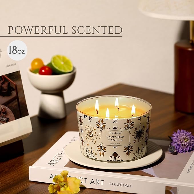 HomeLights Large jar Candle | 4-Wick Long-Lasting Scented Candles, 18oz Natural Soy Wax Candle for Home Scented, Bohemian Natural Textures Gifts for Women & Men, Lavender Vanilla