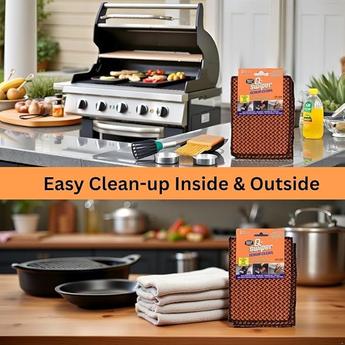 Q-Swiper Scrub-Clean Reusable Grill Cleaning Cloth - 2 Pack | Large Non-Scratch Cloth with Micro-Coated Fibers | Heavy-Duty for BBQ | Cleaner for Pots, Cast Iron Skillets, Grill Basket & Accessories