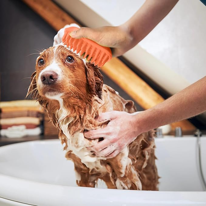 Bath Brushes for Pet Grooming & Massage,Rubber Scrubbing Brush for Dogs,Pet Silicone Shampoo Brush,Ideal for Long & Short Haired Dogs and Cats, Essential Puppy Accessory,Orange