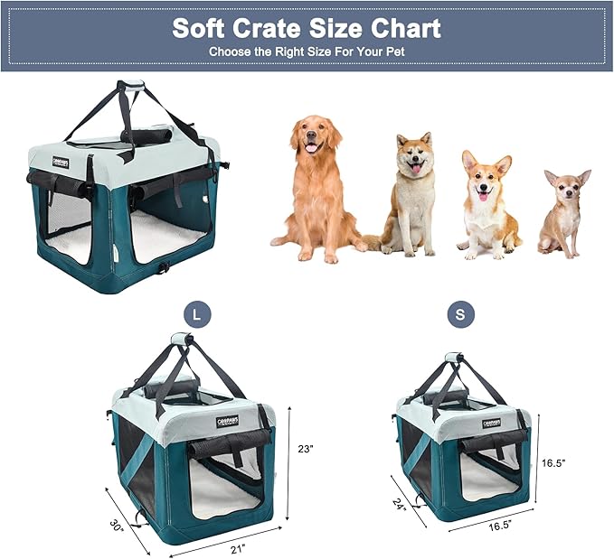 JESPET Soft Dog Crates Kennel for Pets, 3 Door Soft Sided Folding Travel Pet Carrier with Straps and Fleece Mat for Dogs, Cats, Shale Green, 36'' (8-Teal Blue, Large(30" L x 21" W x 23" H))