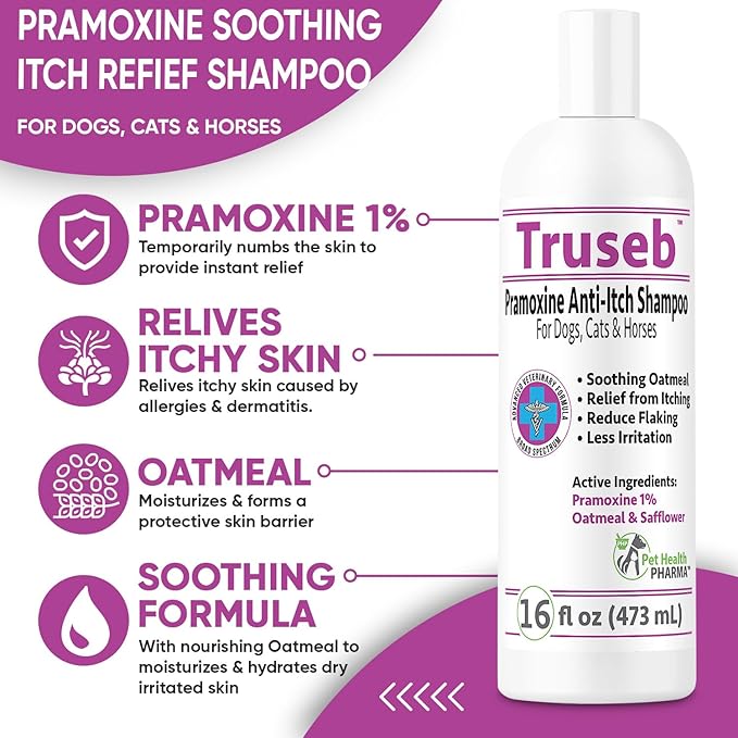 Truseb | Pramoxine 1% Shampoo for Itching Shampoo for Dogs and Cats with Eczema Relief from Scratchy, Itchy, Dry Skin, Hot Spots Moisturizing Oatmeal (Pramoxine 1% Shampo, 16 Oz)