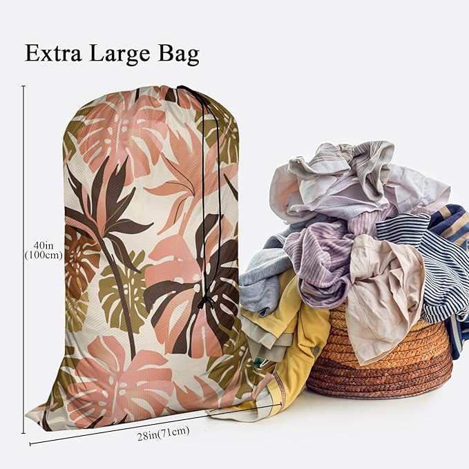Swono Tropical Palm Leaves Laundry Bag with Drawstring Straps, Heavy Duty Extra Large Laundry Bags for Laundromat and Household, Exotic Flowers Summer Paradise Washable Travel Dirty Clothes Bag Hamper