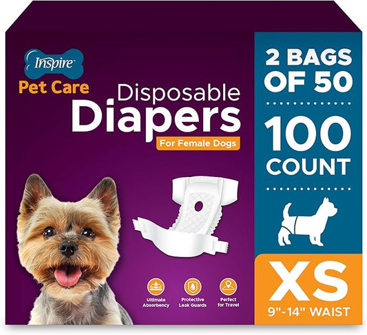 Inspire Pet Care Dog Diapers Female Dogs | Bulk Value Doggie Incontinence, Accidents, for Heat, Pee or Period and Housebreaking (X-Small (100 Count))