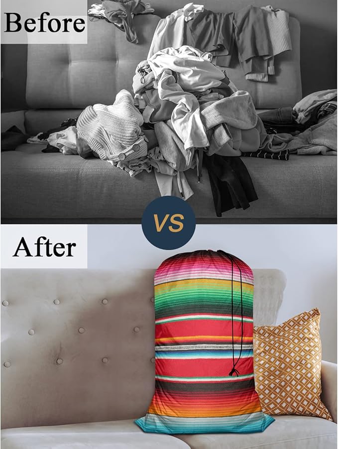 Swono Mexican Stripes Pattern Dining Toy Storage 28x40 Inch Heavy Duty Basket Laundry Bag with Drawstring Colorful Folding Organizer for Travel, Washing Machine, Oxford Cloth