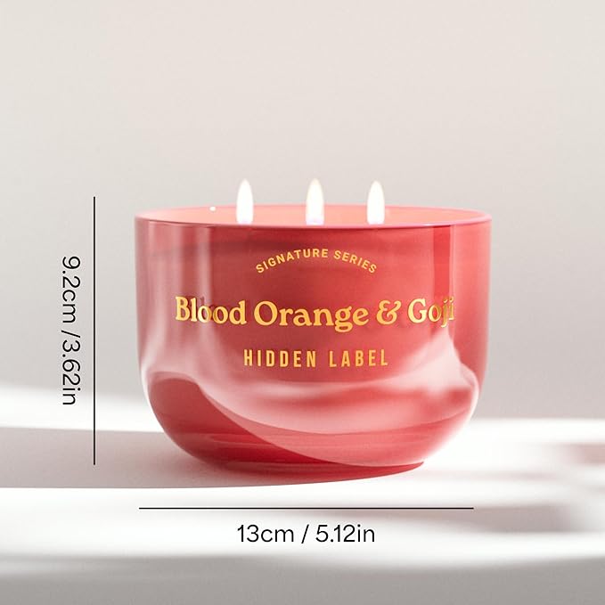 Hidden Label Blood Orange & Goji Scented Candles, 3 Wick Aromatherapy Candle for Home Scented – 18oz/70-Hour Burn Time, 100% Natural Soy Candle Non Toxic, Luxury Home Décor for Women and Men Gifts