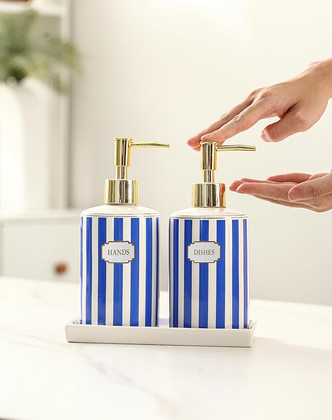 Coastal Blue & White Ceramic Soap Dispenser Set with Gold Pump – 3-Piece Bathroom & Kitchen Accessories with Tray, Refillable Lotion & Dish Soap Pump Bottles for Beach House & Nautical Décor