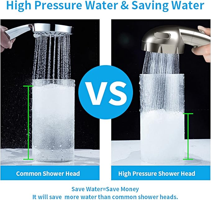 KAIYING Drill-Free High Pressure Handheld Shower Head with ON/OFF Switch, 3 Spray Modes - Brushed Nickel