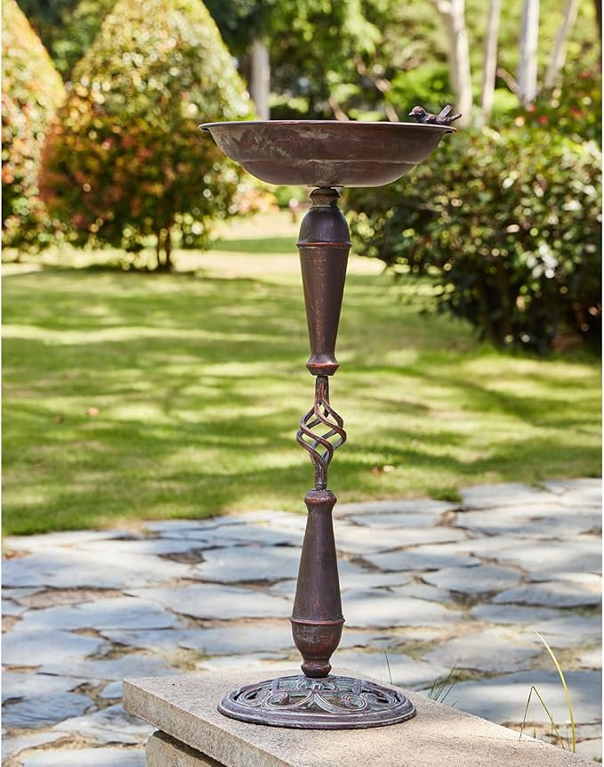 27.5’’H Cast Iron Pedestal Bird Bath，Metal Bird Bath for Outdoor，Vintage Metal Bird Bath Garden Decoration