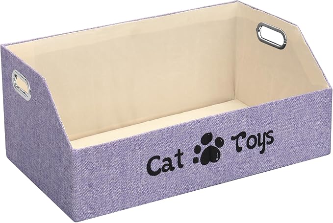 Cat Toy Basket, Kitten Toys Storage Organizer Foldable Fabric Bin Pet Supplies Chest Holder Trapezoid Container with Metal Handles for Organizing Cats Clothes Accessories, Purple