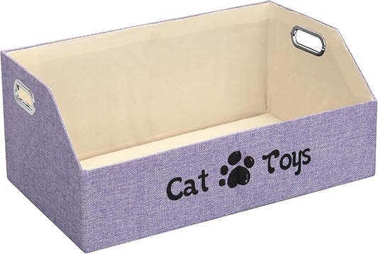Cat Toy Basket, Kitten Toys Storage Organizer Foldable Fabric Bin Pet Supplies Chest Holder Trapezoid Container with Metal Handles for Organizing Cats Clothes Accessories, Purple