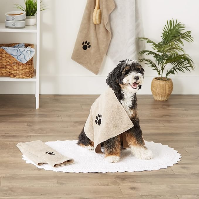 Bone Dry Pet Grooming Towel Collection Absorbent Microfiber Drying Set, 15x30", Embroidered Taupe, 3 Count