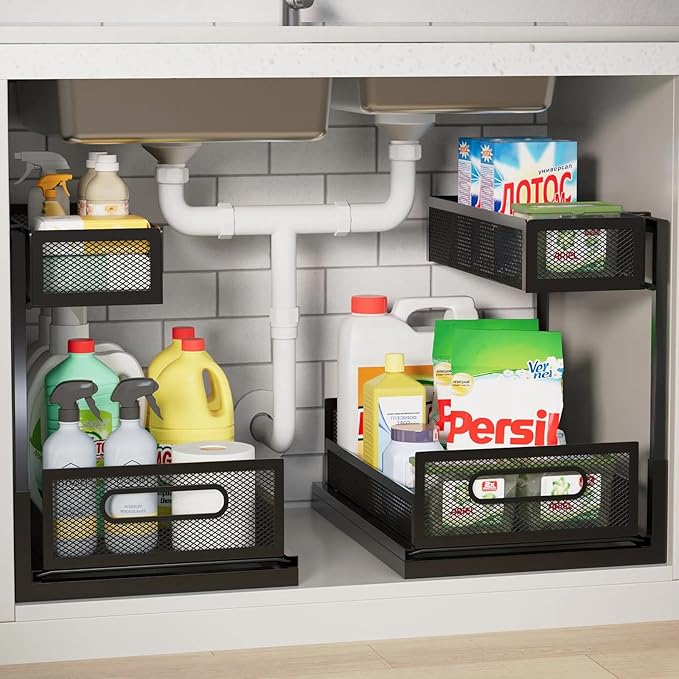 2 Pack Under Bathroom Sink Organizers and Storage 2-Tier Metal Pull Out Cabinet Organizer with Sliding Out Drawers Space Saving Undersink Slide Out Shelves for Kitchen Pantry, Black
