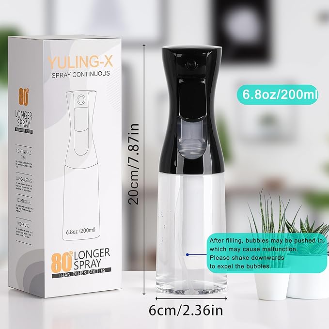 hair spray bottle, ultra-fine spray continuous spray bottle (200ml/6.8oz), used for hair design, vegetation, cleaning and skin care - empty, reusable (Black)