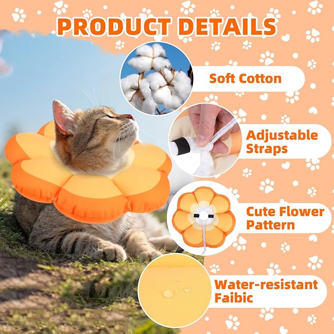 PUPTECK Cat Cone Collar Soft, Adjustable Protective Recovery Flower Collar Alternative, Comfortable Elizabethan Cat Collar Lightweight Stop Licking Neck Cone for Cats After Surgery, Orange, M
