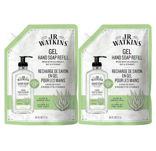 J.R. Watkins Gel Hand Soap Refill, Moisturizing Hand Wash, Formulated with Plant-Based Cleansers, Alcohol-Free, Cruelty-Free, Aloe & Green Tea, 34 Fl Oz, 2 Pack