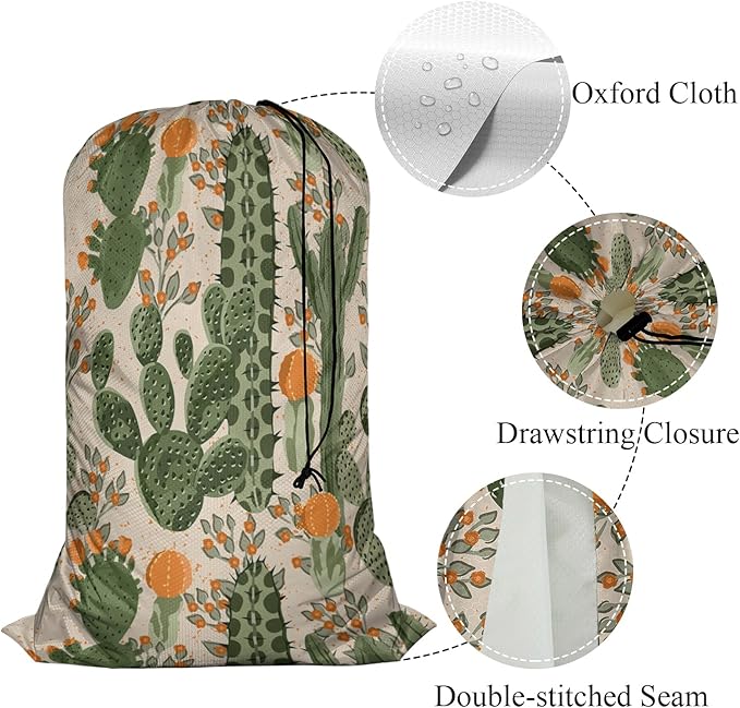 Swono Succulent Cactus Extra Large Laundry Bag with Drawstring Closure 28"x40", Retro Mexican Orange Flowers Exotic Tropical Plants for College, Dorm and Apartment Dwellers