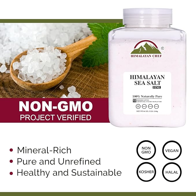 Himalayan Chef Sea Salt Fine Grain Himalayan Salt, 5 lbs Bulk Bag - 100% Natural, Unrefined, Kosher, Rich in 84 Organic Minerals for Cooking, Seasoning