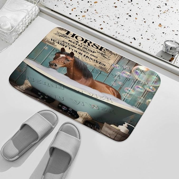 Horse Wash Your Paws Bath Mat,Cute Cartoon Horse Bathroom Rugs with Non Slip Backing,Washable Cover Floor Rug Carpets Floor Mat 16"x24"