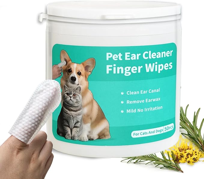 Dog Ear Cleaner Wipes Grooming Kit Care for Dogs & Cats Pet Ear Relief Gently Remove Ear Wax Debris and Smelly 50 Pcs Unscented