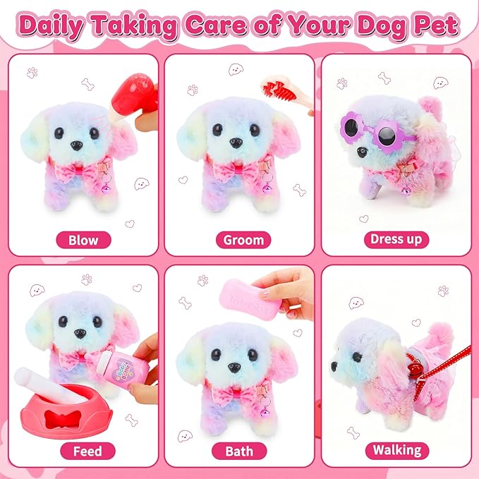 13Pcs Dog Toys for Kids Girls, Pretend Puppy Stroller Playset for Toddler, Electronic Interactive Walking Barking Dog Toy, Pet Care & Feeding Accessories Birthday Gifts for Little Girl 3 4 5 6