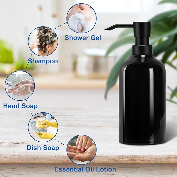 Ceramic Black Soap Dispenser Bathroom, 2 Pcs 16.9oz Hand Soap Dispenser for Kitchen, Hotel