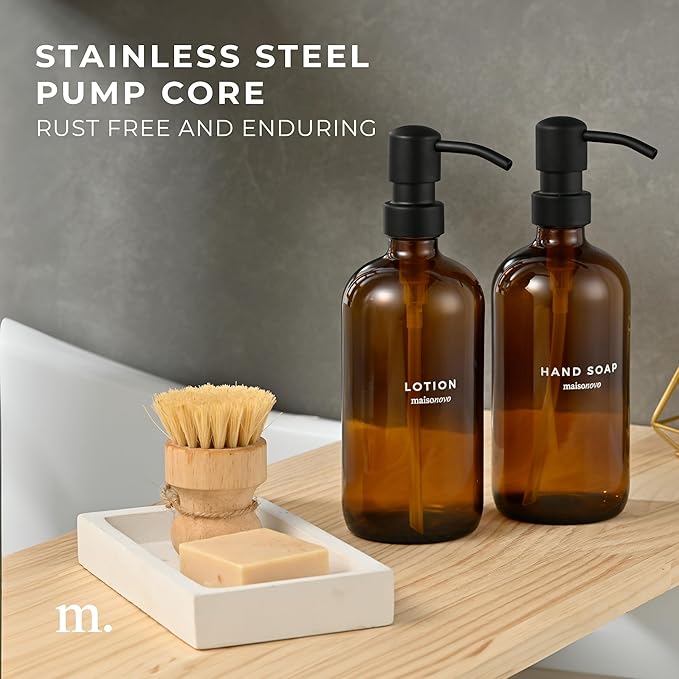 MaisoNovo Soap Dispenser 3-Piece Set | 16.9oz Amber Bottles with Black Stainless Steel Pumps
