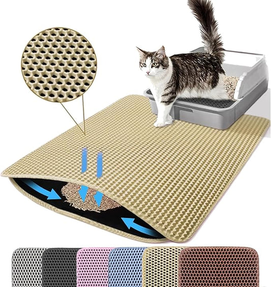 Cat Litter Mat, 24x18 Inches Large Double Layer Honeycomb Cat Litter Trapping Mat, Non Slip Waterproof Urine Proof Cat Litter Box Mat for Floor, Kitty Litter Rug, Cat Supplies, Beige