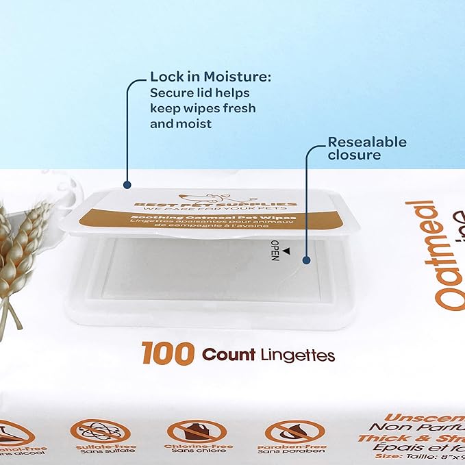 Best Pet Supplies Pet Wipes for Dogs - Dog Wipes Cleaning Deodorizing, or Coats, Ears, Paws - Soothing Oatmeal, 100 Count