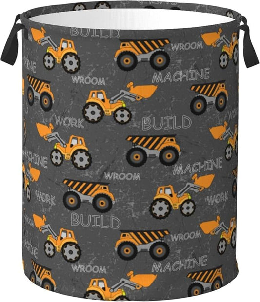 Cute Excavator Engineering Vehicle Laundry Hamper Bag With Waterproof Liner - Round Laundry Basket Foldable Clothes Storage Organizer For Bathroom Bedroom Nursery Dorm, M-19.6"X 15.7"